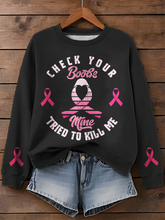 Pink Ribbon Breast Cancer Awareness Month Printed Long Sleeve Casual Top