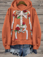 Women's Halloween Rose Skeleton Print Hoodie
