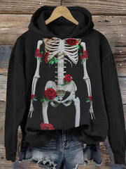 Women's Halloween Rose Skeleton Print Hoodie