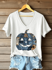 Women's Casual Halloween Pumpkin Stitching Short Sleeve T-Shirt