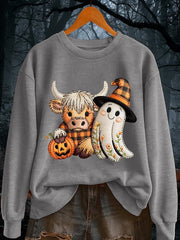 Women's Halloween Ghost And Highland Cattle Print Sweatshirt