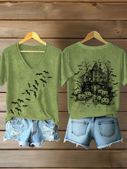 Retro Halloween Bat Pumpkin Print T-Shirt