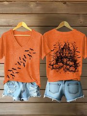 Retro Halloween Bat Pumpkin Print T-Shirt