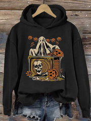 Women's Halloween Pumpkin Ghost Print Hoodie