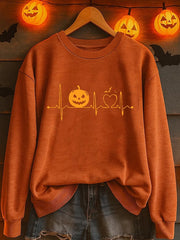 Women'S Casual Halloween Heartbeat Pumpkin Face Print Sweatshirt