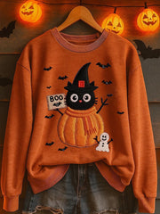 Halloween Fun Cute Pumpkin Cat Women's Printed Sweatshirt