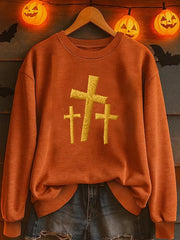 Women's Halloween tombstone cross print casual sweatshirt