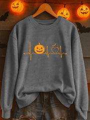 Women'S Casual Halloween Heartbeat Pumpkin Face Print Sweatshirt