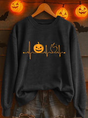 Women'S Casual Halloween Heartbeat Pumpkin Face Print Sweatshirt