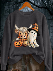 Women's Halloween Ghost And Highland Cattle Print Sweatshirt