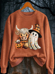 Women's Halloween Ghost And Highland Cattle Print Sweatshirt