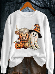 Women's Halloween Ghost And Highland Cattle Print Sweatshirt
