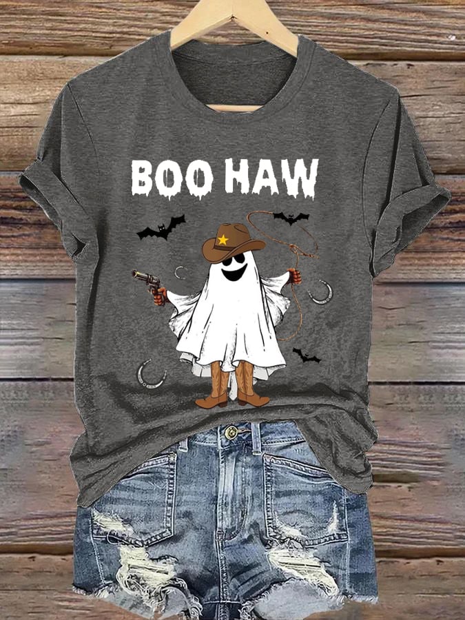 Women'S Boo Haw Halloween Cowboy Spooky Print Short Sleeve T-Shirt