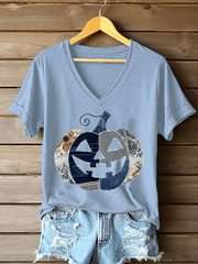 Women's Casual Halloween Pumpkin Stitching Short Sleeve T-Shirt