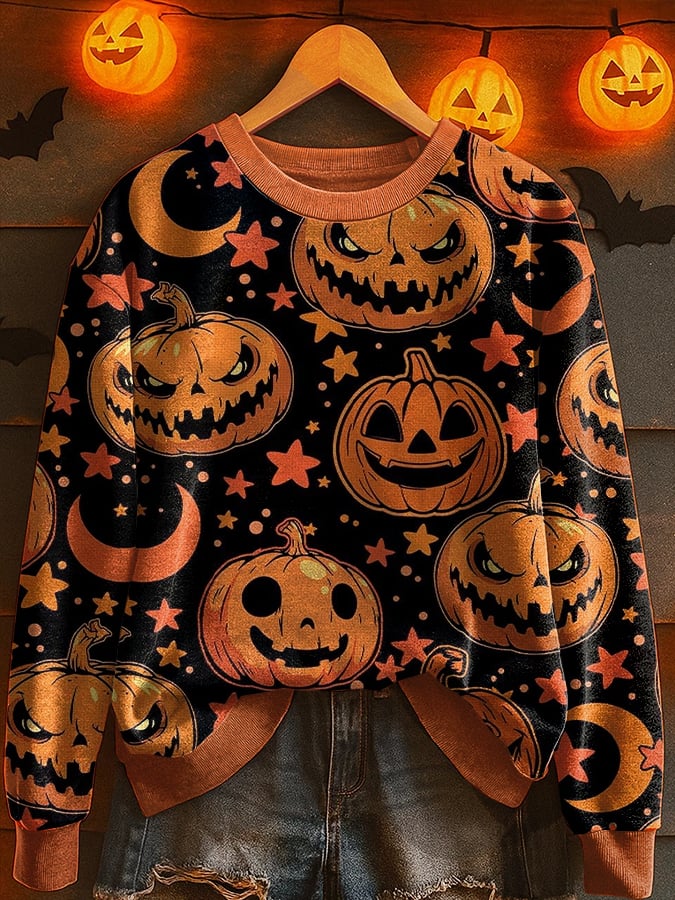 Women's Retro Halloween Pumpkin Print Sweatshirt