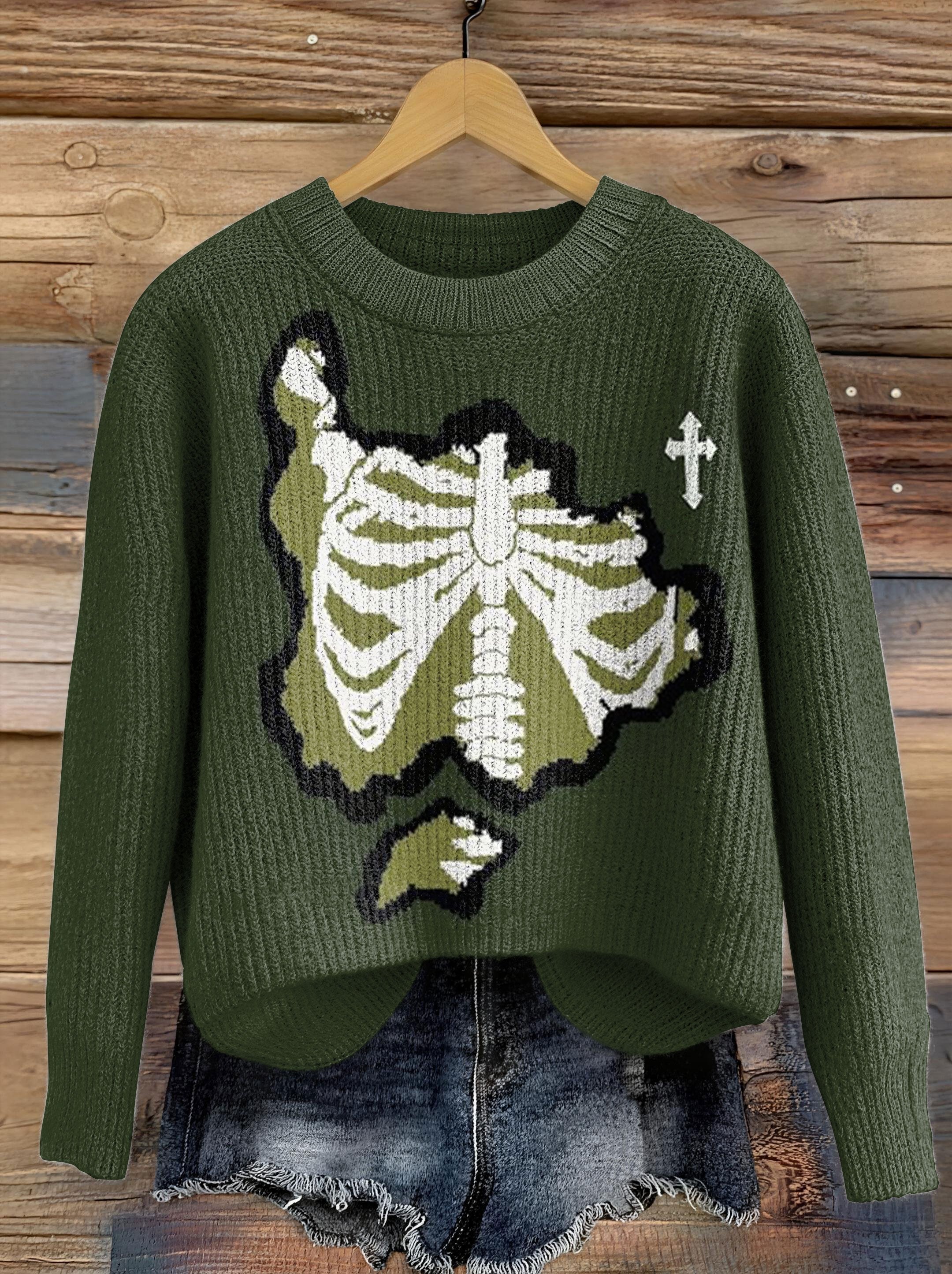 Women's Halloween Skull Print Crew Neck Sweater