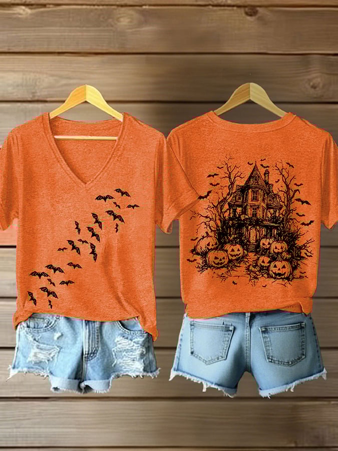 Retro Halloween Bat Pumpkin Print T-Shirt
