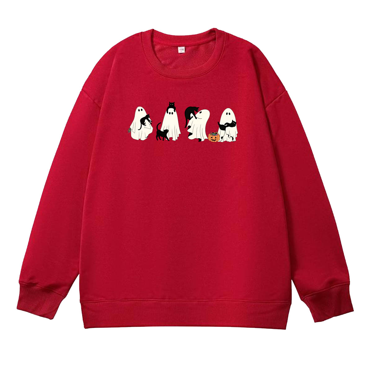 Halloween Ghost And Cat Pattern 100% 300g CottonCrew Neck Sweatshirt