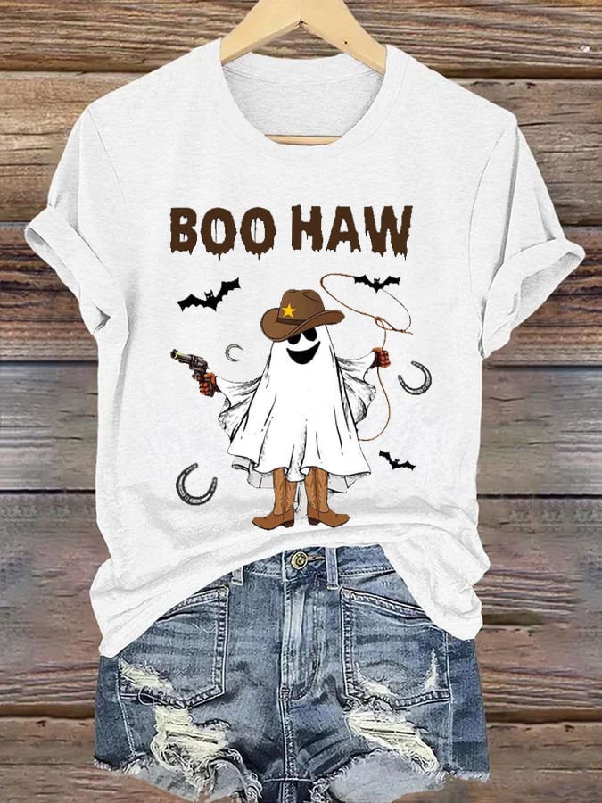 Women'S Boo Haw Halloween Cowboy Spooky Print Short Sleeve T-Shirt