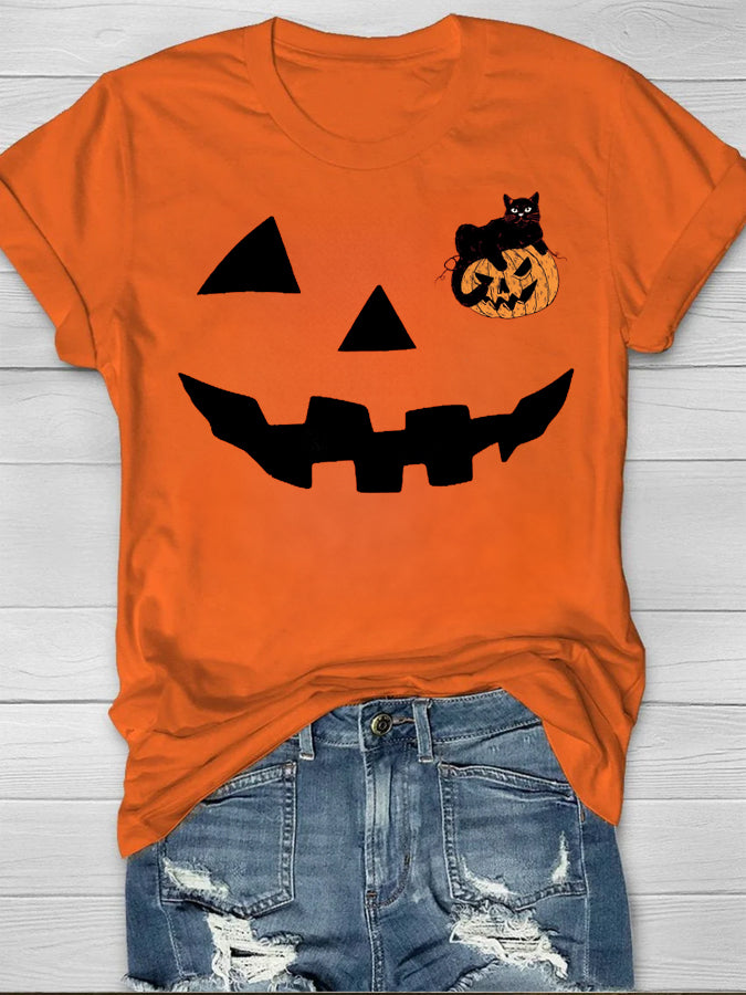 Women's Halloween  Pumpkin smile Print T-Shirt