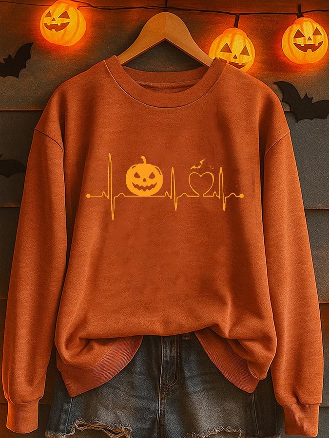 Women'S Casual Halloween Heartbeat Pumpkin Face Print Sweatshirt