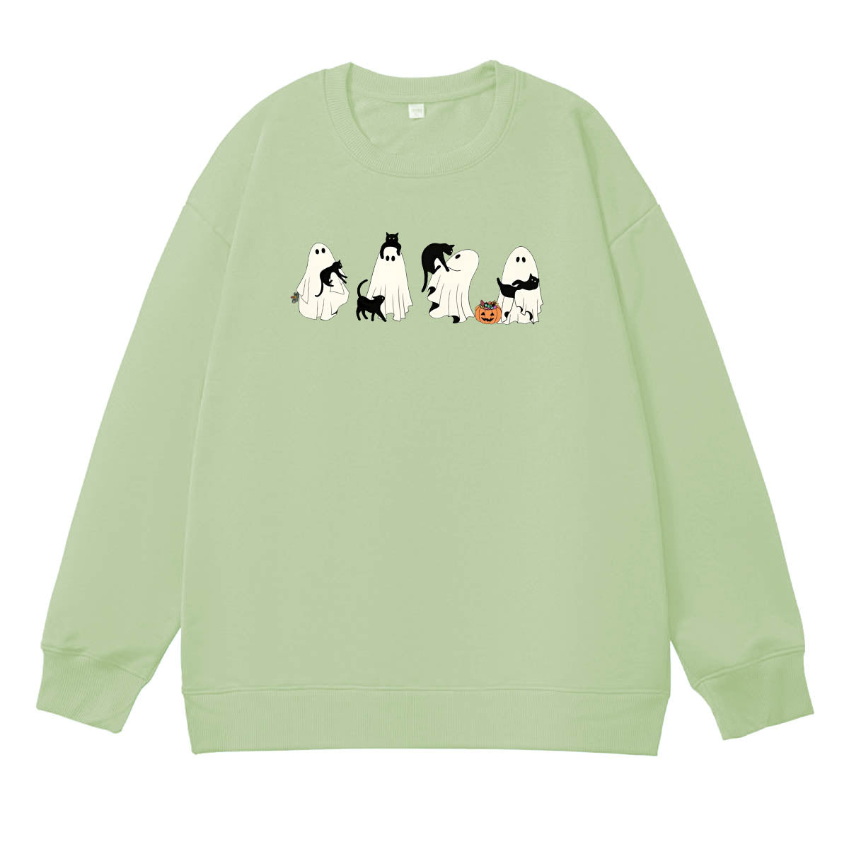 Halloween Ghost And Cat Pattern 100% 300g CottonCrew Neck Sweatshirt