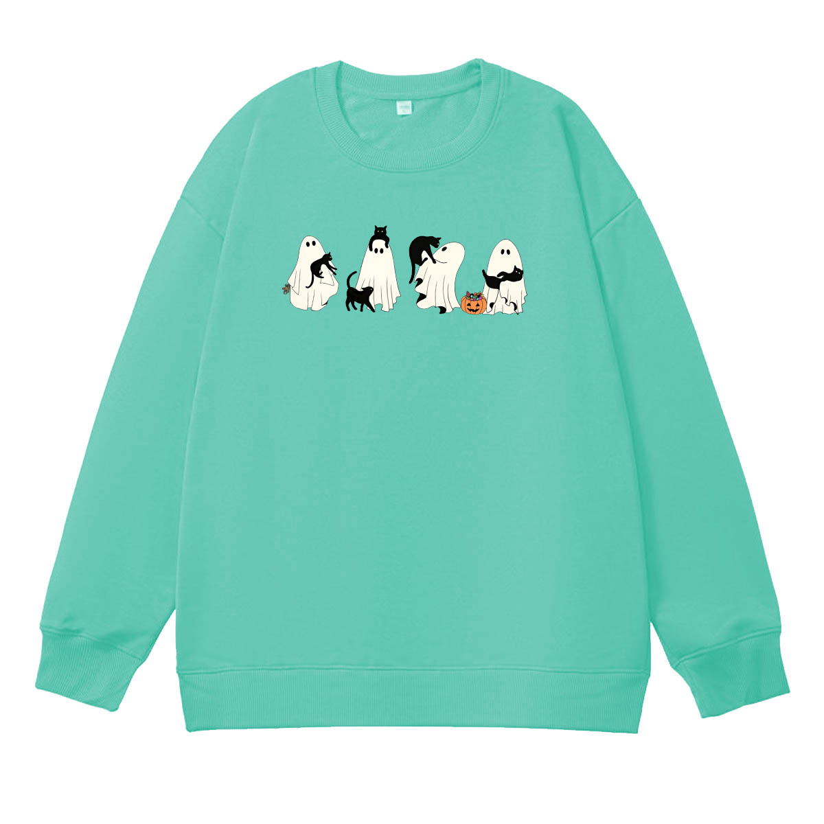 Halloween Ghost And Cat Pattern 100% 300g CottonCrew Neck Sweatshirt