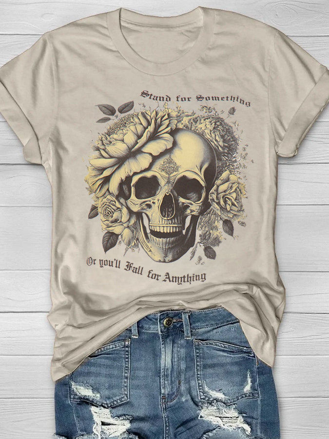 Women's HalloweenFloral Skull  Hollow Print Short Sleeve T-Shirt