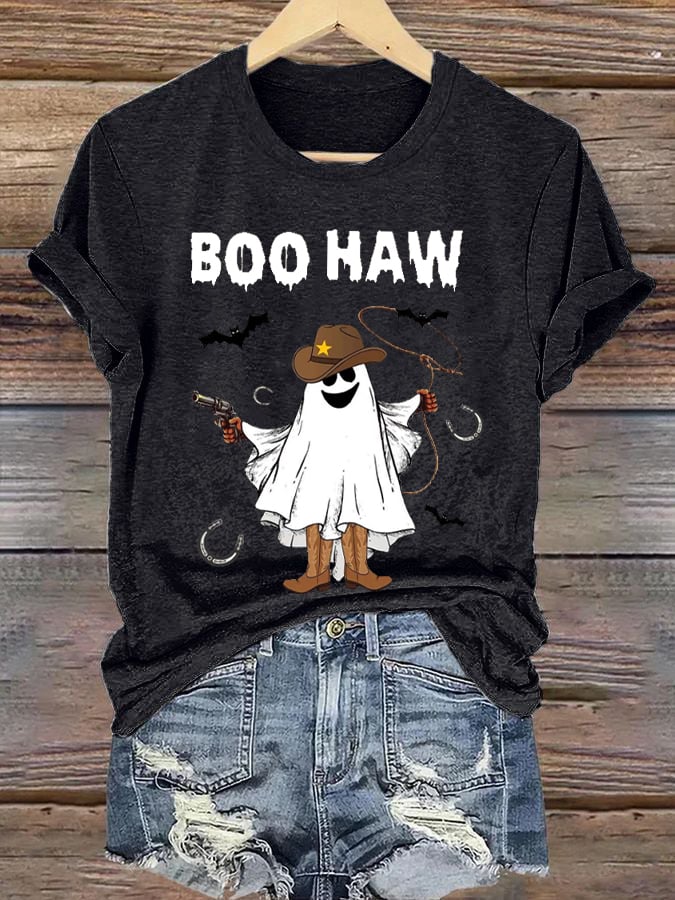 Women'S Boo Haw Halloween Cowboy Spooky Print Short Sleeve T-Shirt