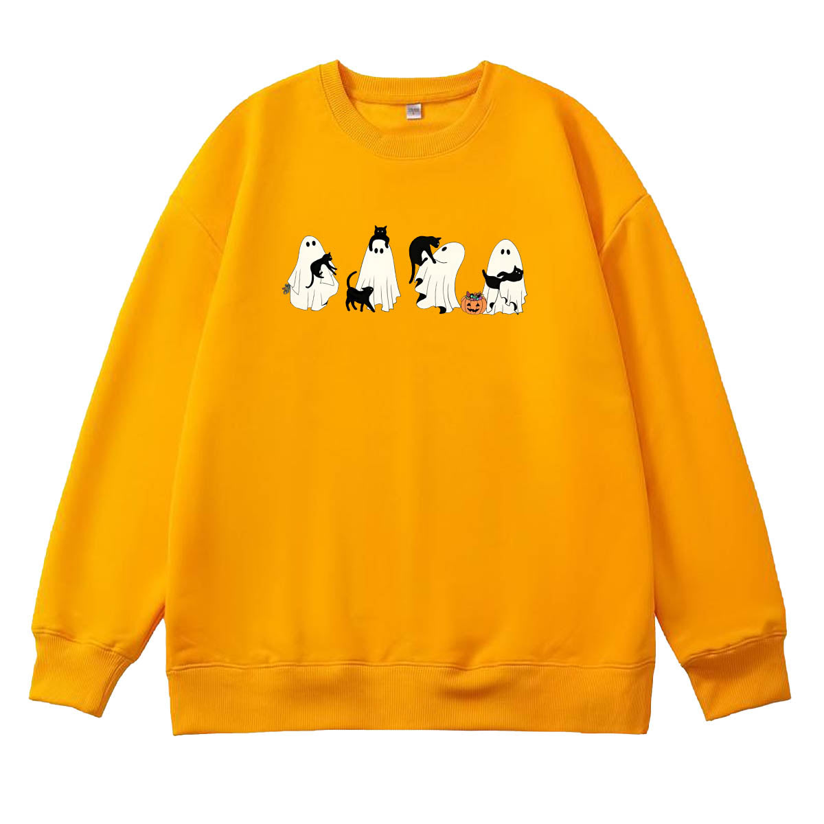 Halloween Ghost And Cat Pattern 100% 300g CottonCrew Neck Sweatshirt