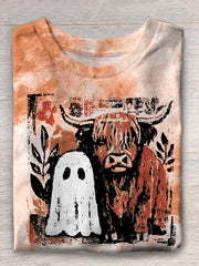 Autumn Ghost Highland Cow Printed Crew Neck T-shirt